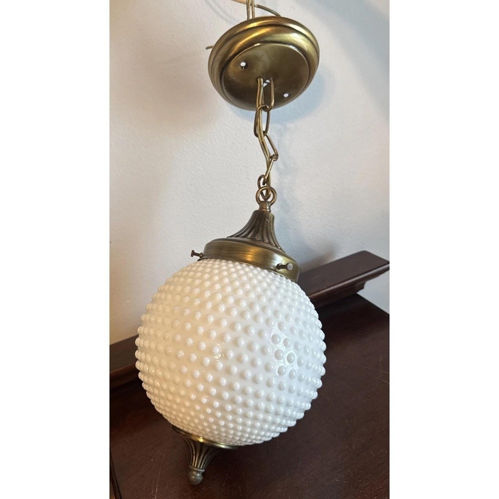 8" Globe - Vintage MCM White Milk Glass Hobnail Globe Swag Lamp